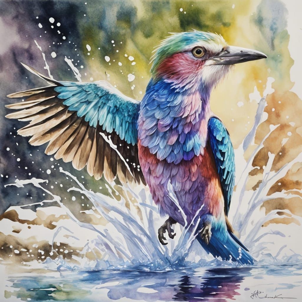 Lilac-Breasted Roller Bird on Riverbank in Watercolour