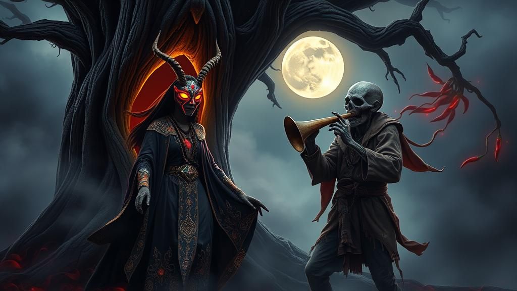 Mystical Woman Confronts Chili Pepper Tuba Zombie