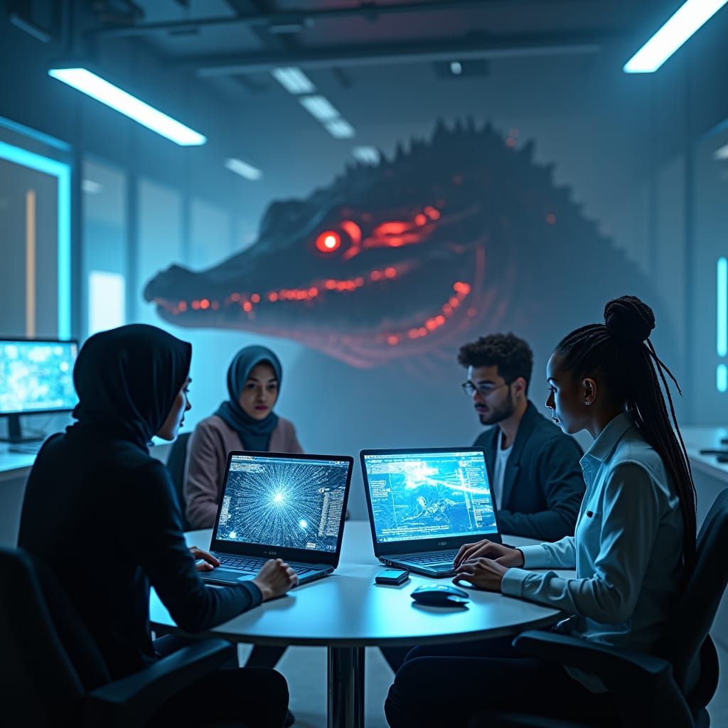 Cybersecurity Students Watched by Glowing-Eyed Crocodile