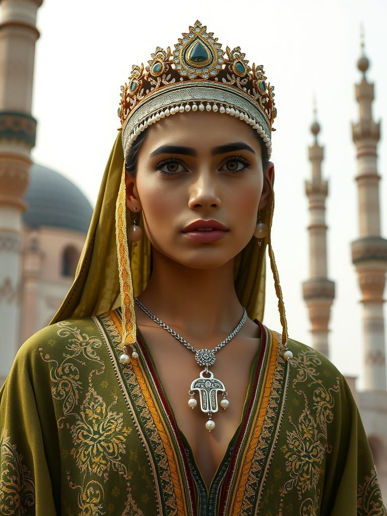 Moroccan Goddess in Embroidered Olive-Green Djellaba