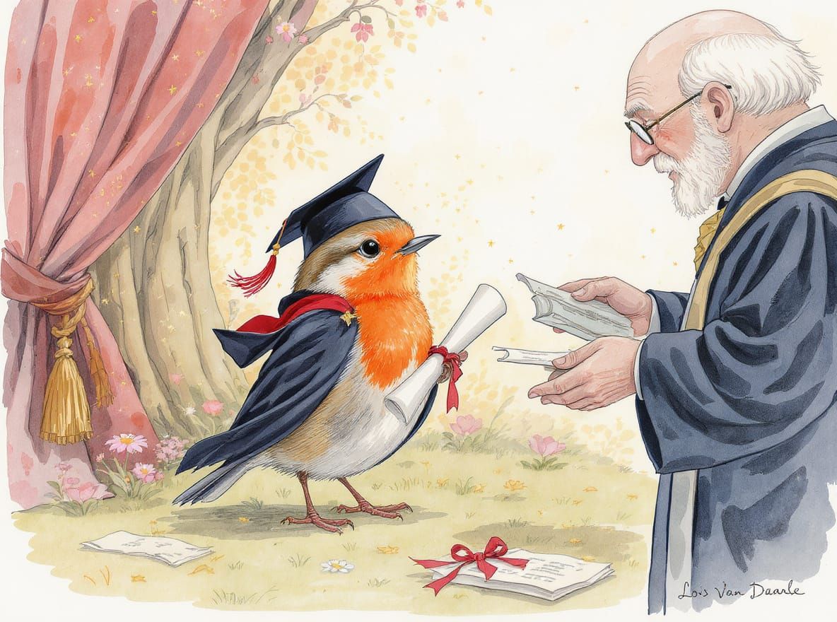Robin Bird Graduation in Whimsical Storybook Style