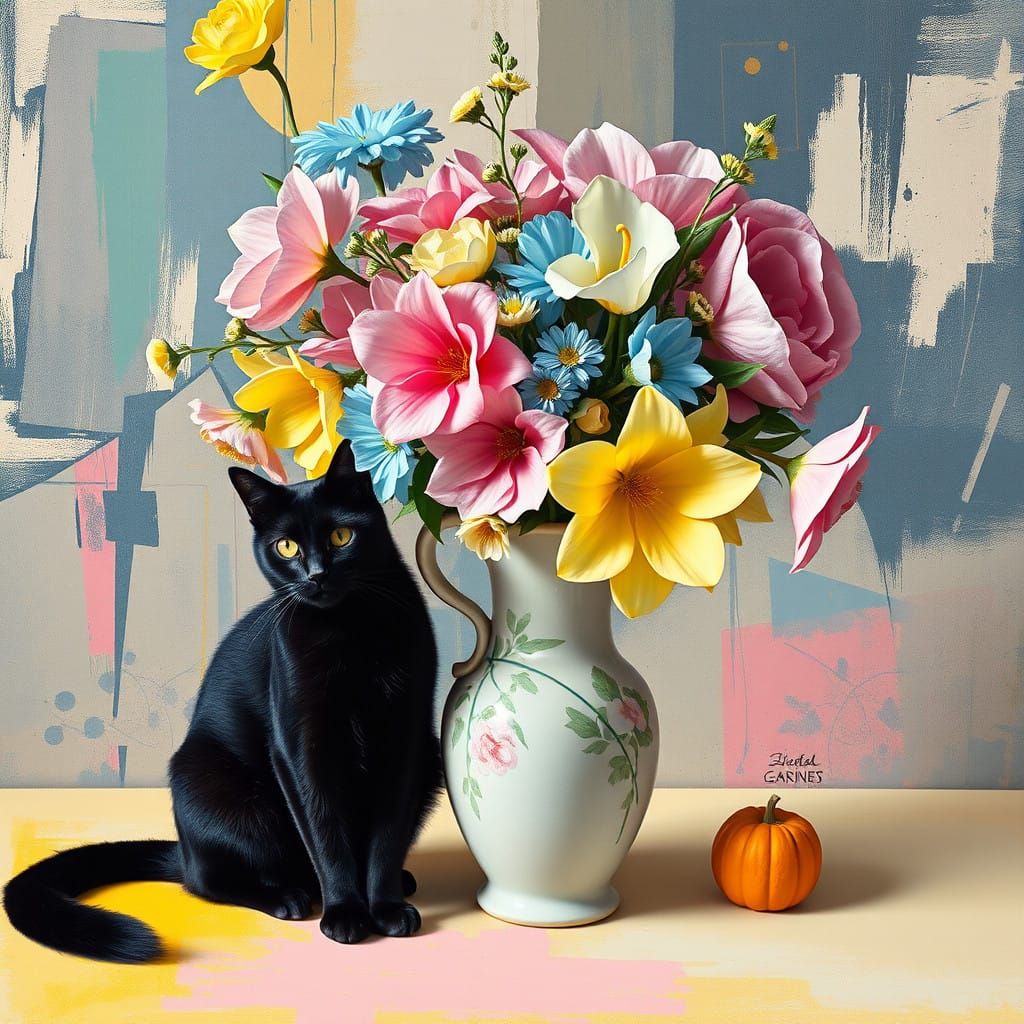 Enchanting Still Life with Kurdish Vase and Black Cat in Dre...