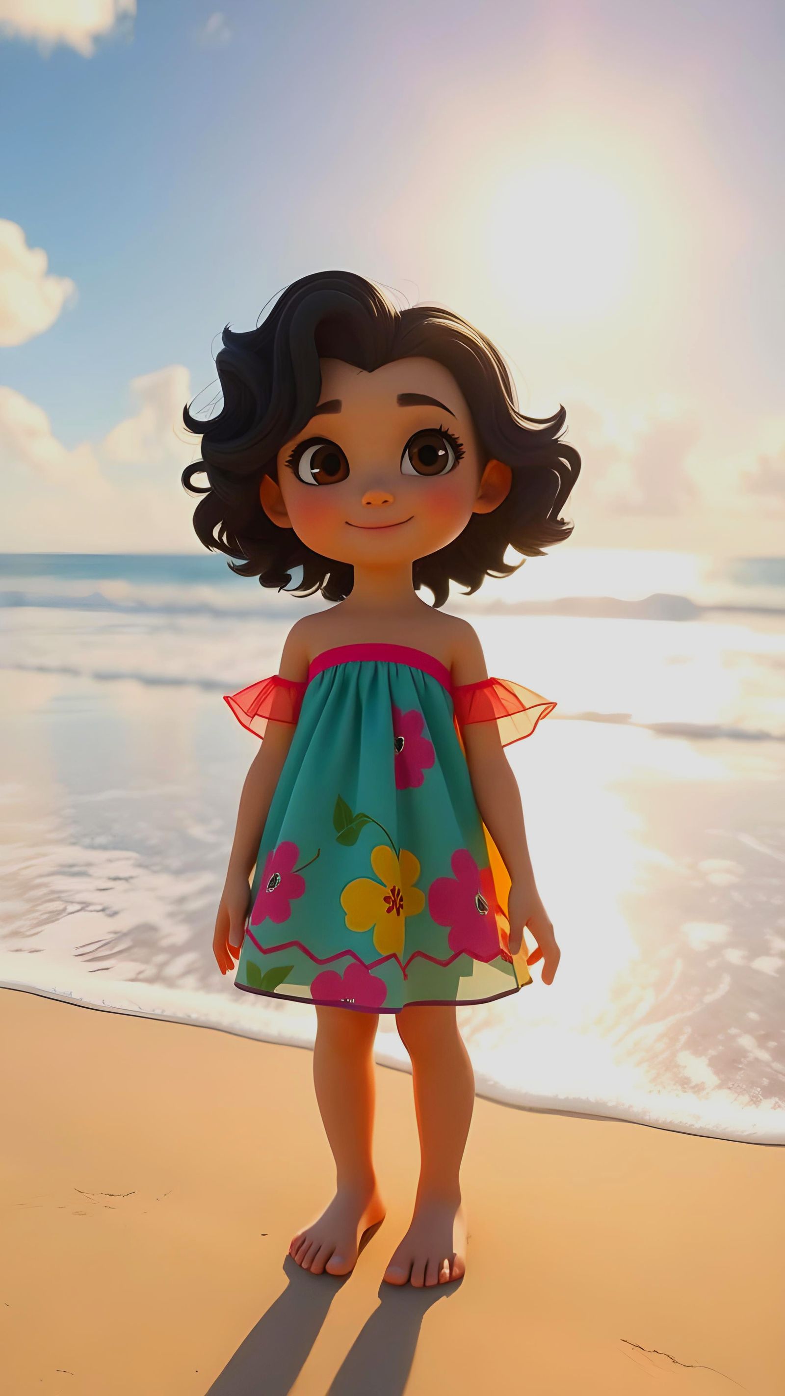 Cute Girl on Beach: Pixar-Style 3D Render