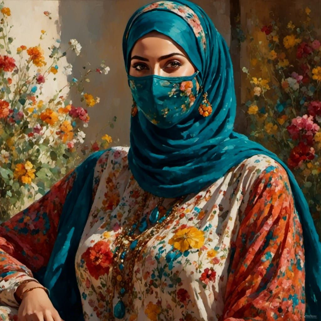 Elegant Hijabi Woman in Garden as Oil Painting