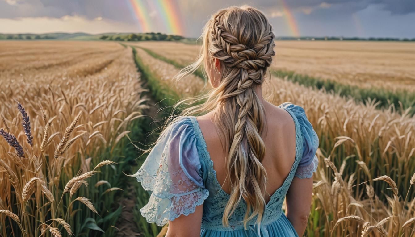 Woman Gazing at Rainbow in Romantic Realism Style
