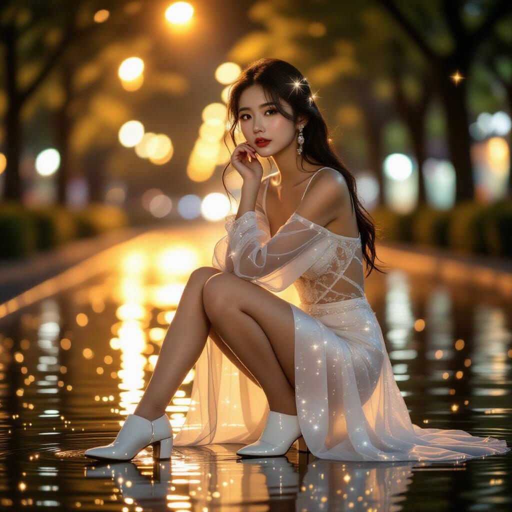 Korean Model in Luminous Night Park, Photorealistic