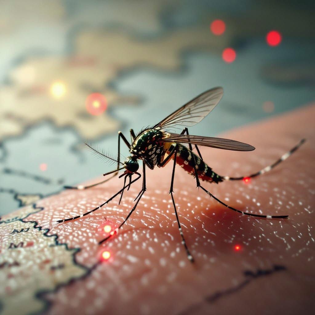 Mosquito Close-Up on Skin with Greece Map Background