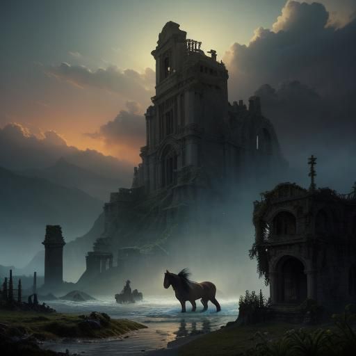 Magical Mustangs Running in Ocean, Dark Fantasy Art