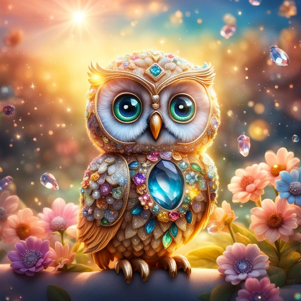 Mystical Bejeweled Baby Owl in Colorful 8k Image