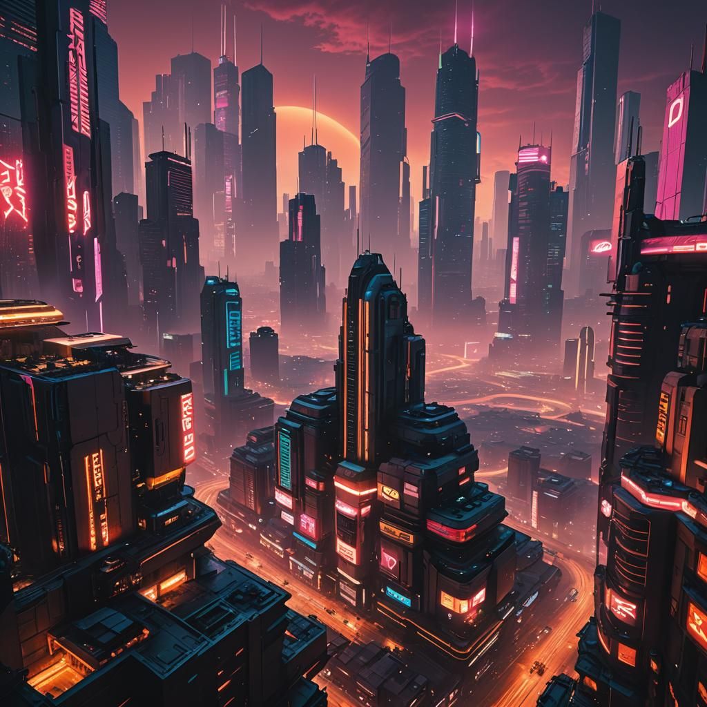Dystopian Cyberpunk City on Mars with Neon Skyscrapers