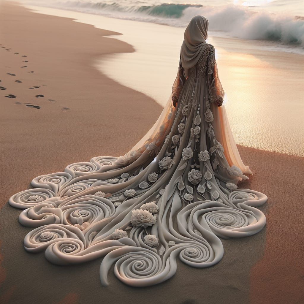 Woman in Wave Dress on Beach at Sunset