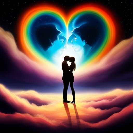 Couple Embracing Under Rainbow Sky: Digital Fine Art