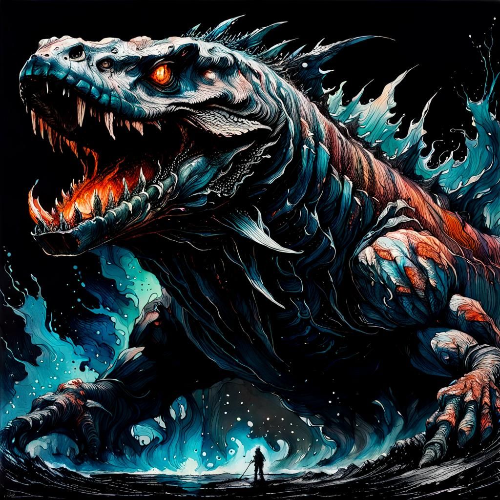 Leviathan Emerges from Volcanic Eruption in Scratchboard