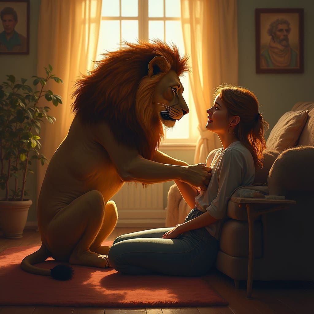 Lion and Trainer in Cozy Living Room: Digital Art