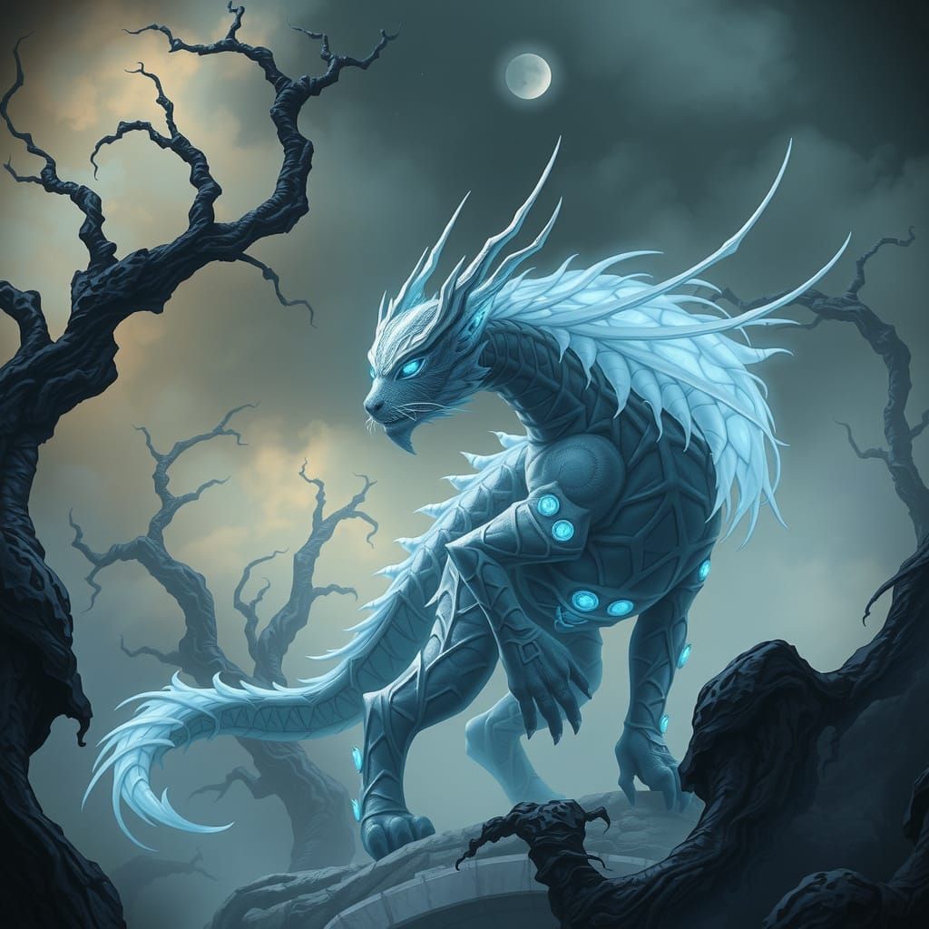 Biomechanical Dream Creature in Whimsical Landscape