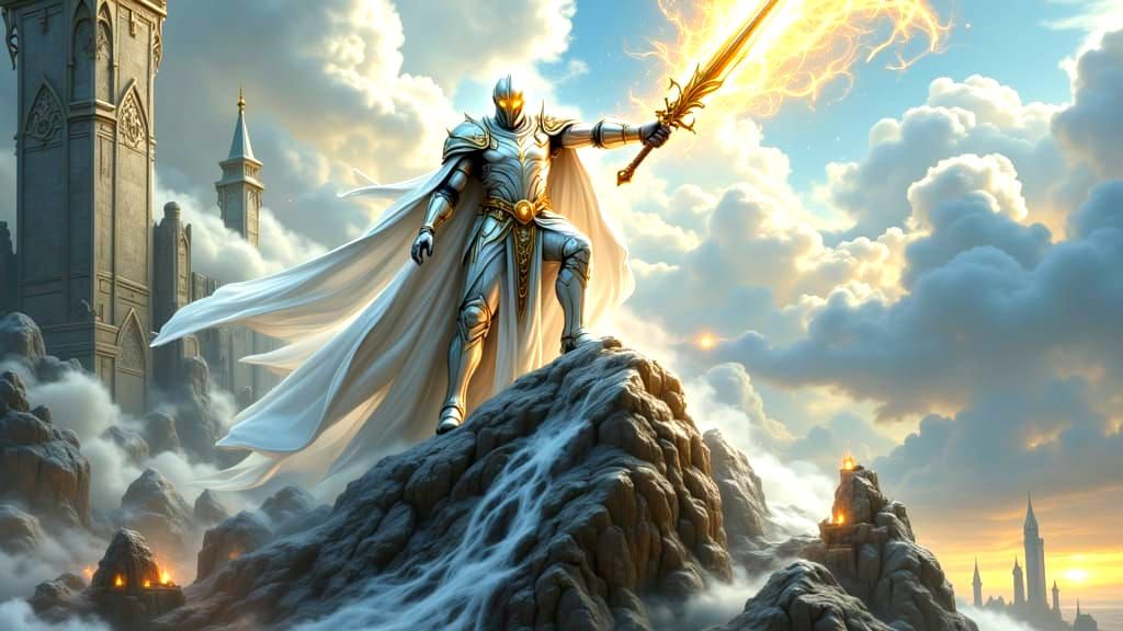 Victorious Knight in White Armor on Mountain Top