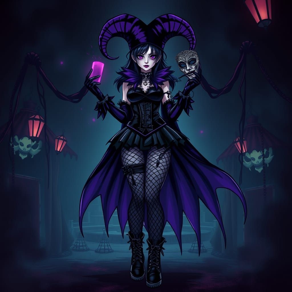 Anime Goth Jester Girl in Venetian Carnival
