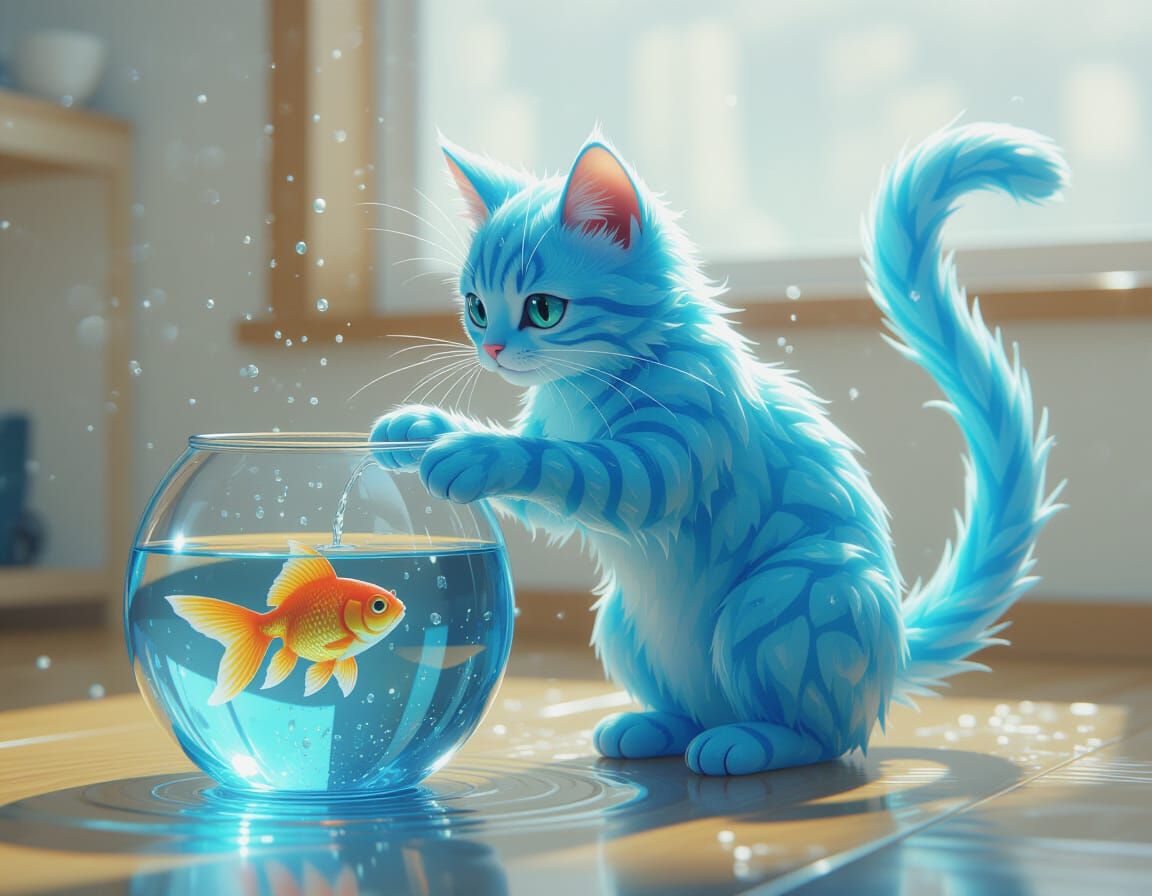 Anime Water Cat Fishing for Goldfish Digital Painting