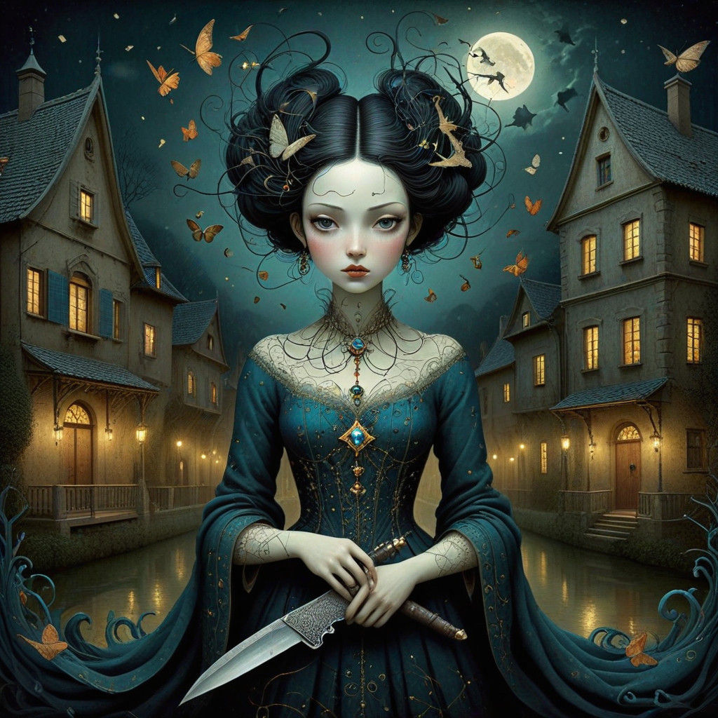 Intricately Detailed Portrait of a Woman Arriving at Midnigh...