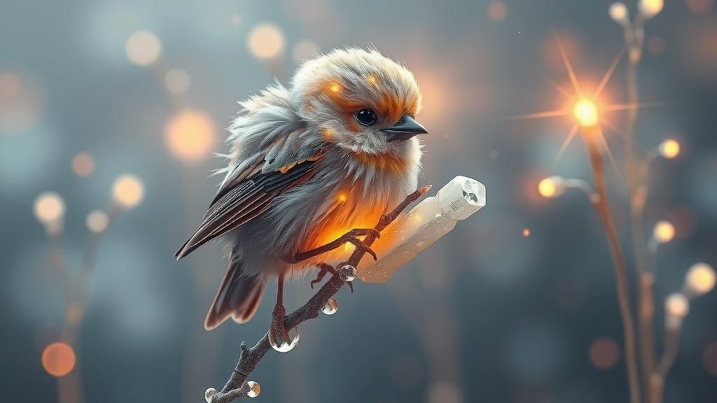 Circuit Board Bird in Crystal Glass Landscape, Surrealist Ar...