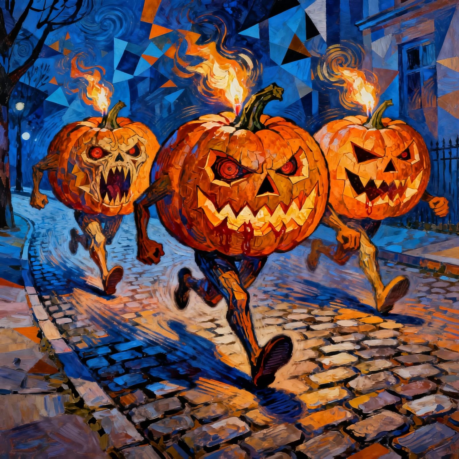 Jack O Lanterns Flee Cobblestone Street in Kandinsky Style