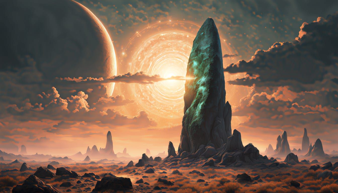 Colossal Jade Menhir on Alien Planet Landscape