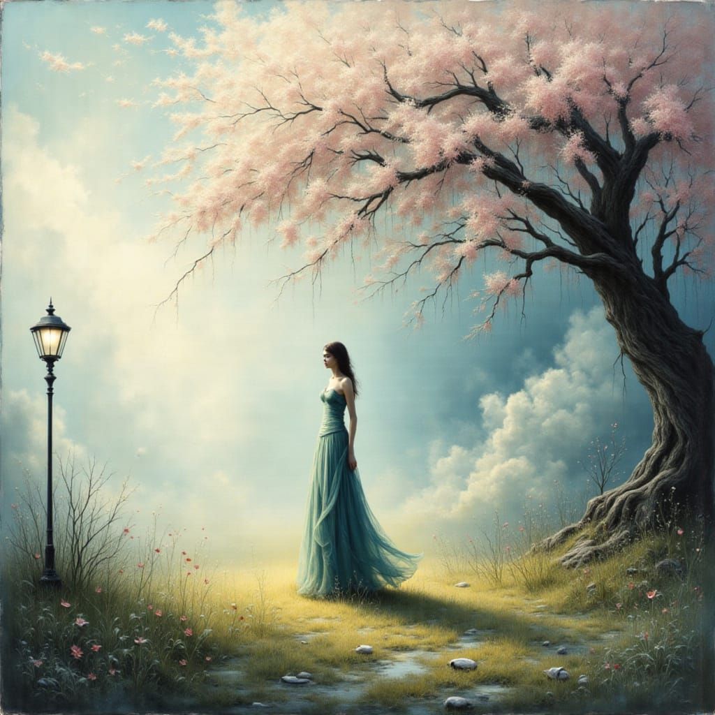 Elegant Woman in Serene Landscape, Dreamy Digital Art