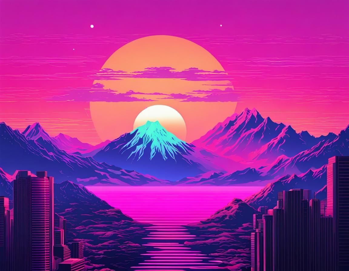 Vaporwave Sunset with Glitch Art Aesthetic