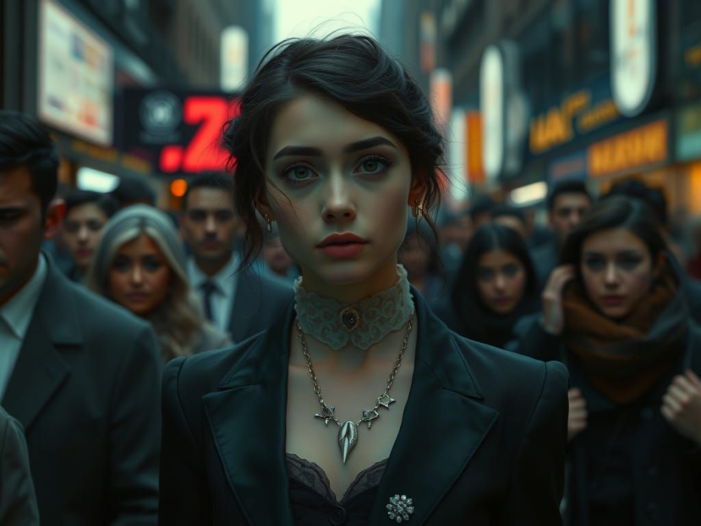 Confused Woman in City Street, Digital Painting Style