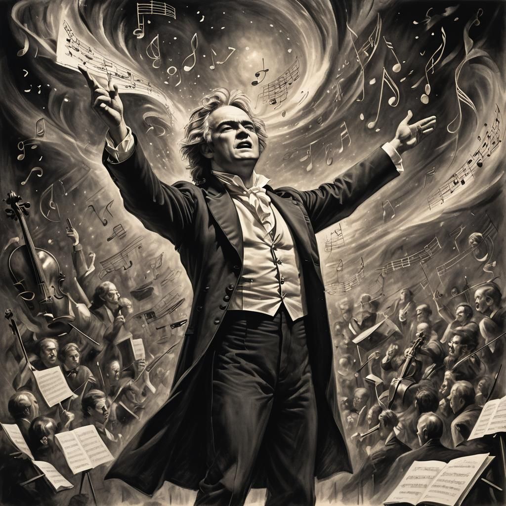 Majestic Conductor Directs Celestial Symphony in Charcoal