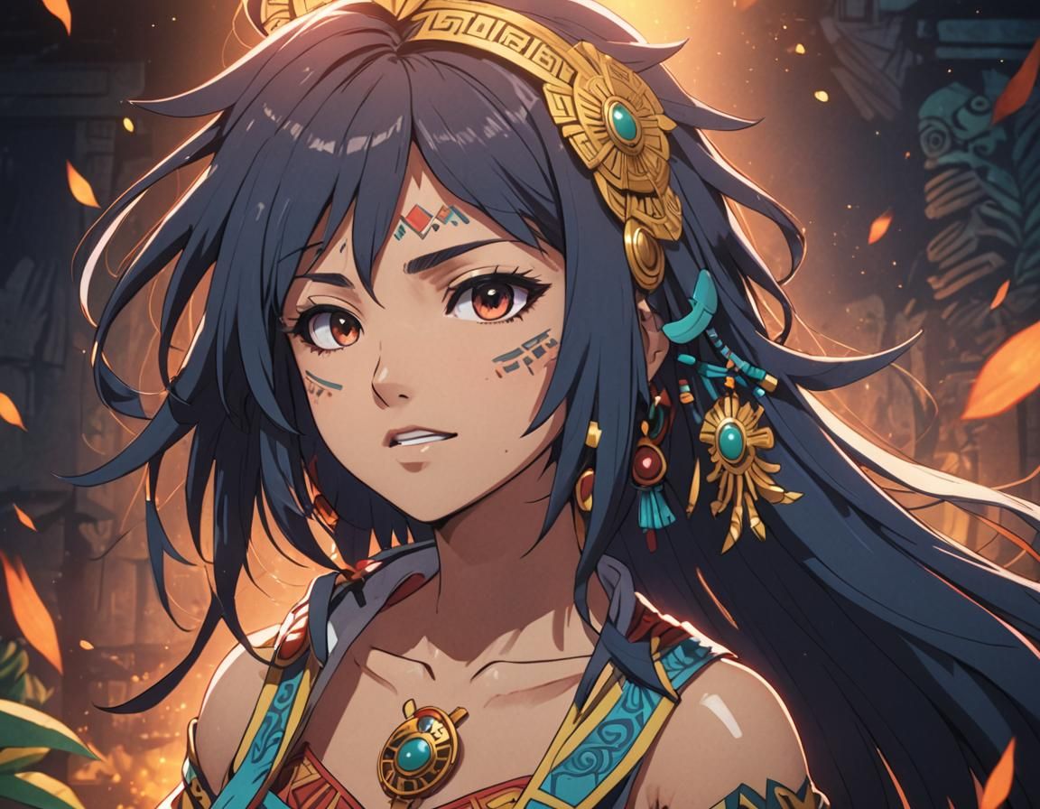 Aztec Maya Manga Anime Girl in Cel-Shaded Style