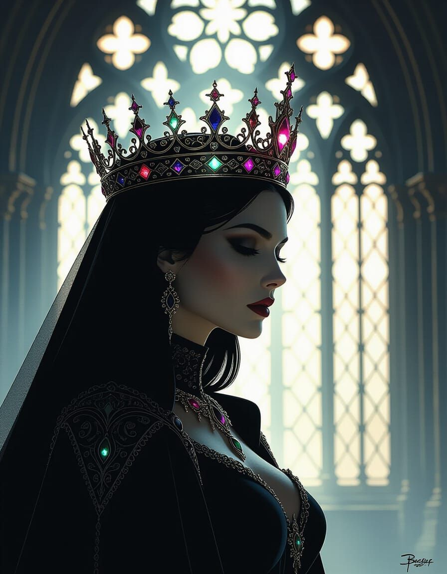 Shadowed Queen with Ethereal Crown at Gothic Window
