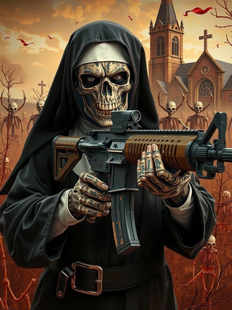 Skeletal Nun Assassin in Post-Apocalyptic Chaos