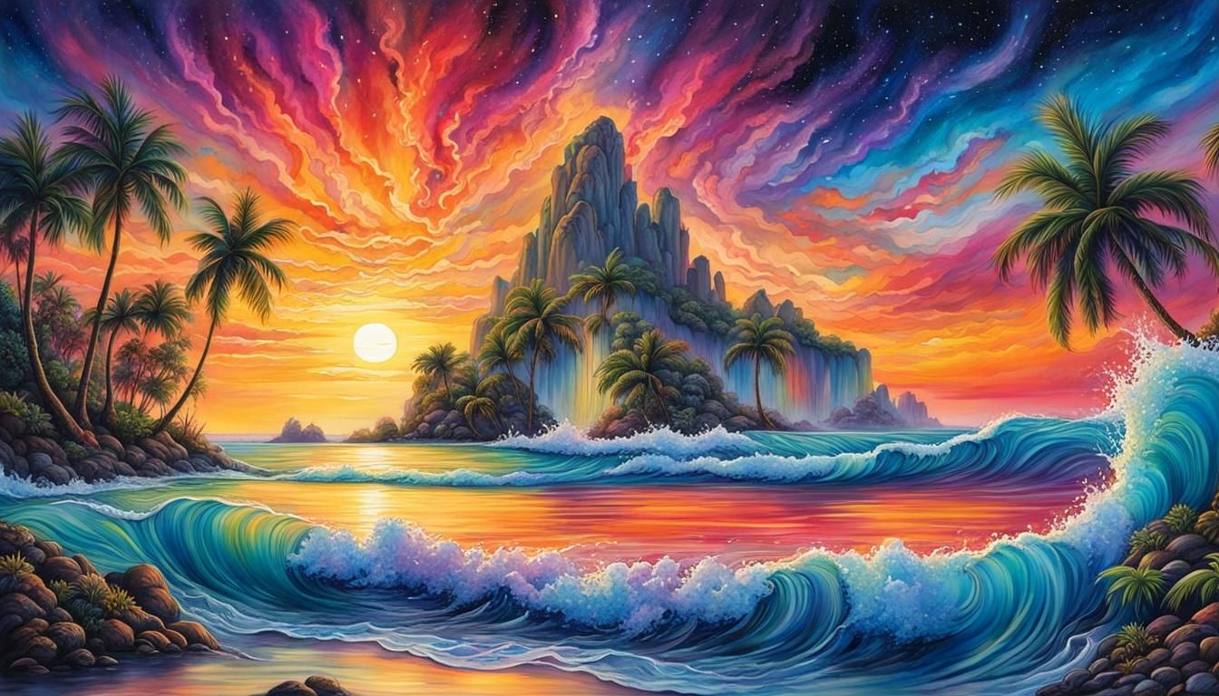 Tropical Island Sunset Seascape in Detailed Watercolor