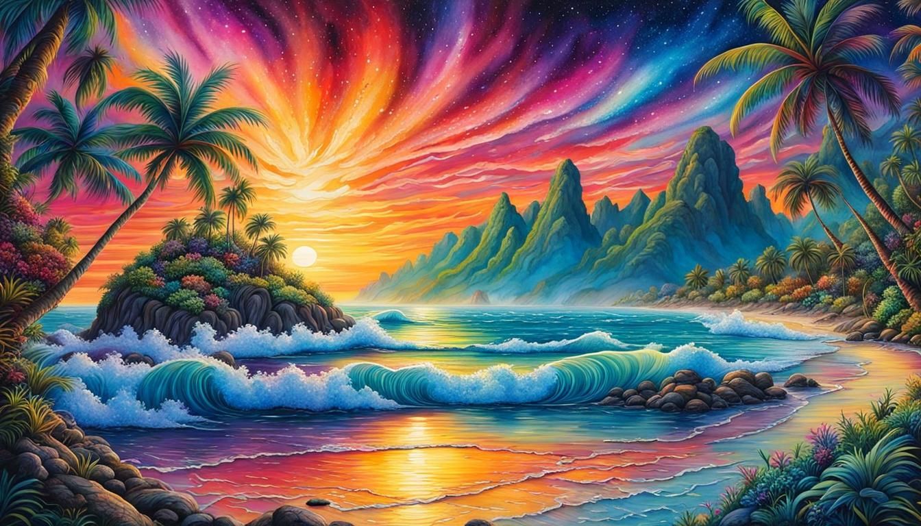 Colorful Tropical Beach Sunset in Watercolor Style