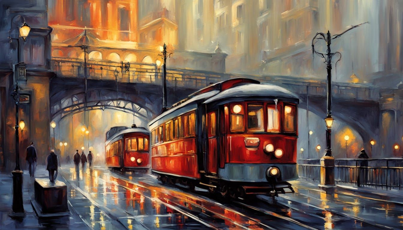 Vintage Train Crosses City Bridge in Dreamy Impressionist St...