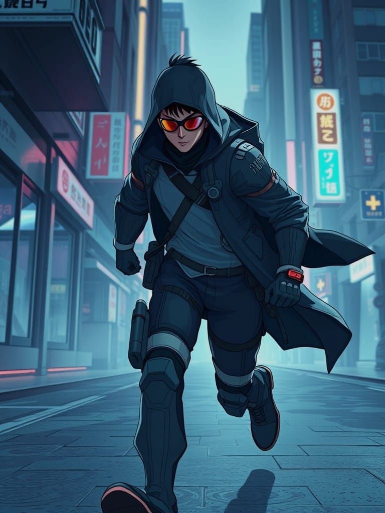 Surreal Futuristic Bounty Hunter in Cyberpunk Cityscape