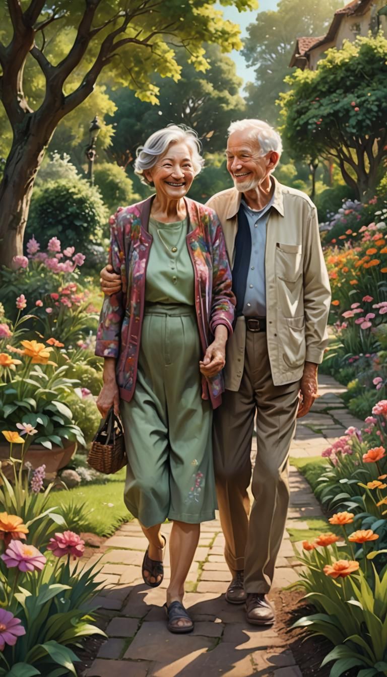 Elderly Couple Walking Through Garden in Hyperrealism