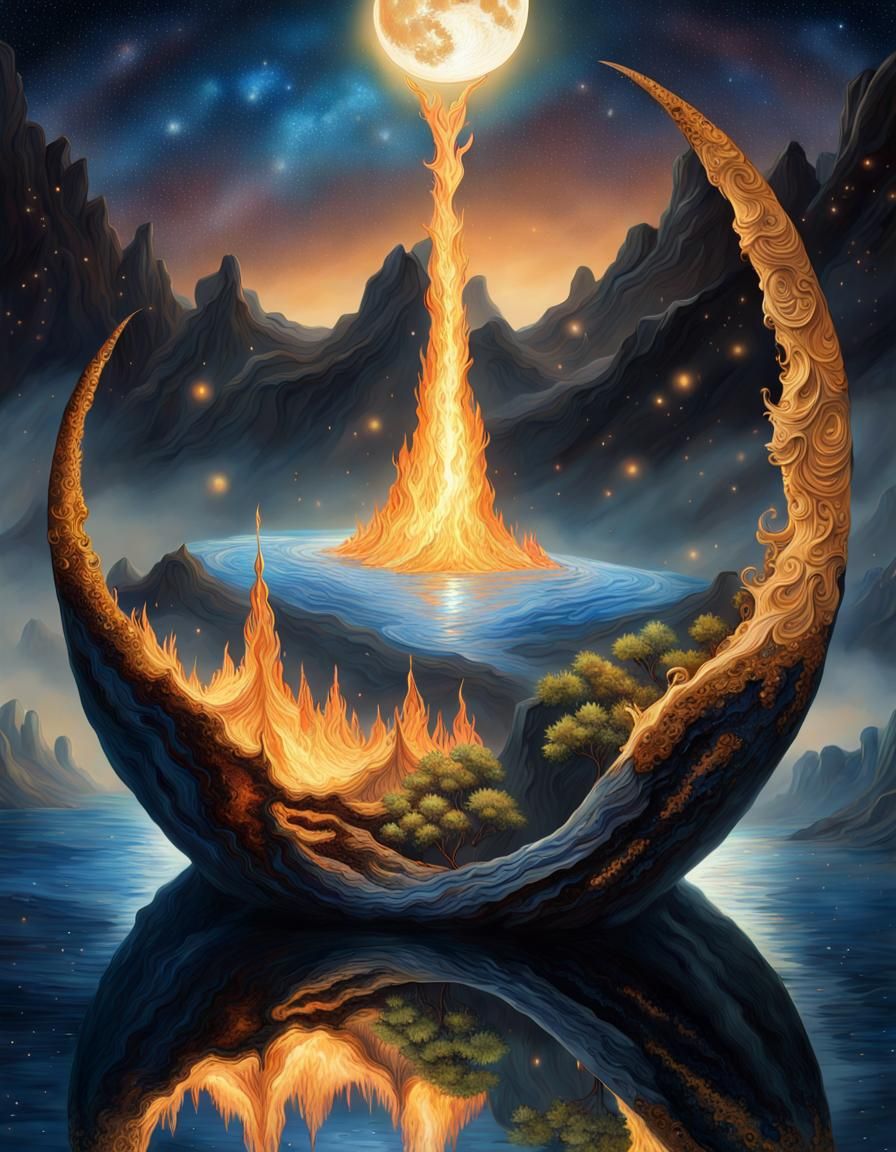 Fantasy Earth Reflection Under Moonlight: Van Gogh Style