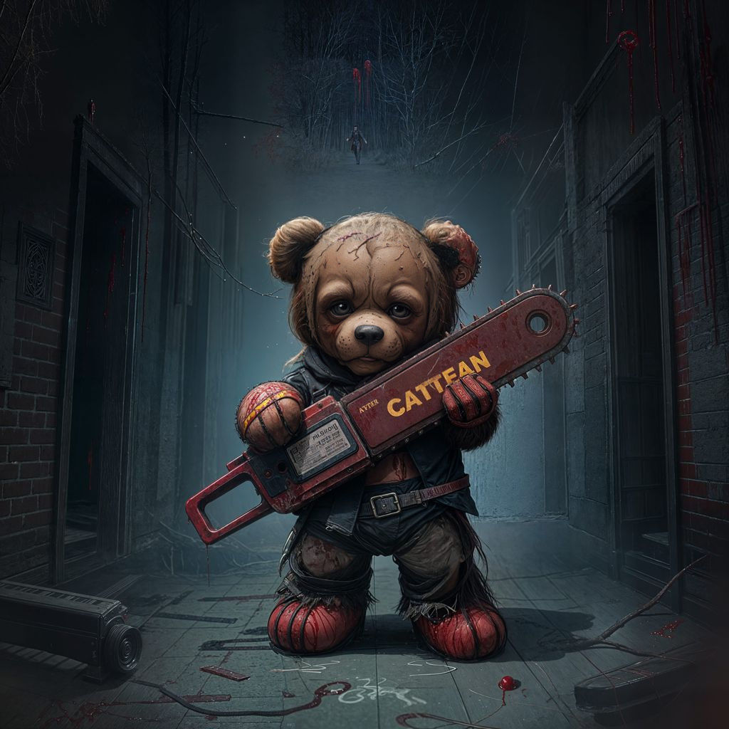 Horror Teddy Bear with Chainsaw in Asylum