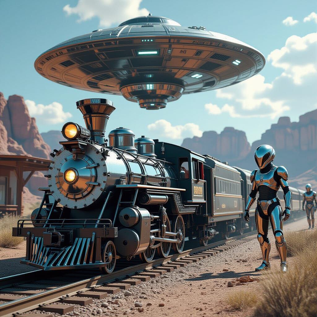 Wild West Train Robbery with Aliens in Cinematic Style
