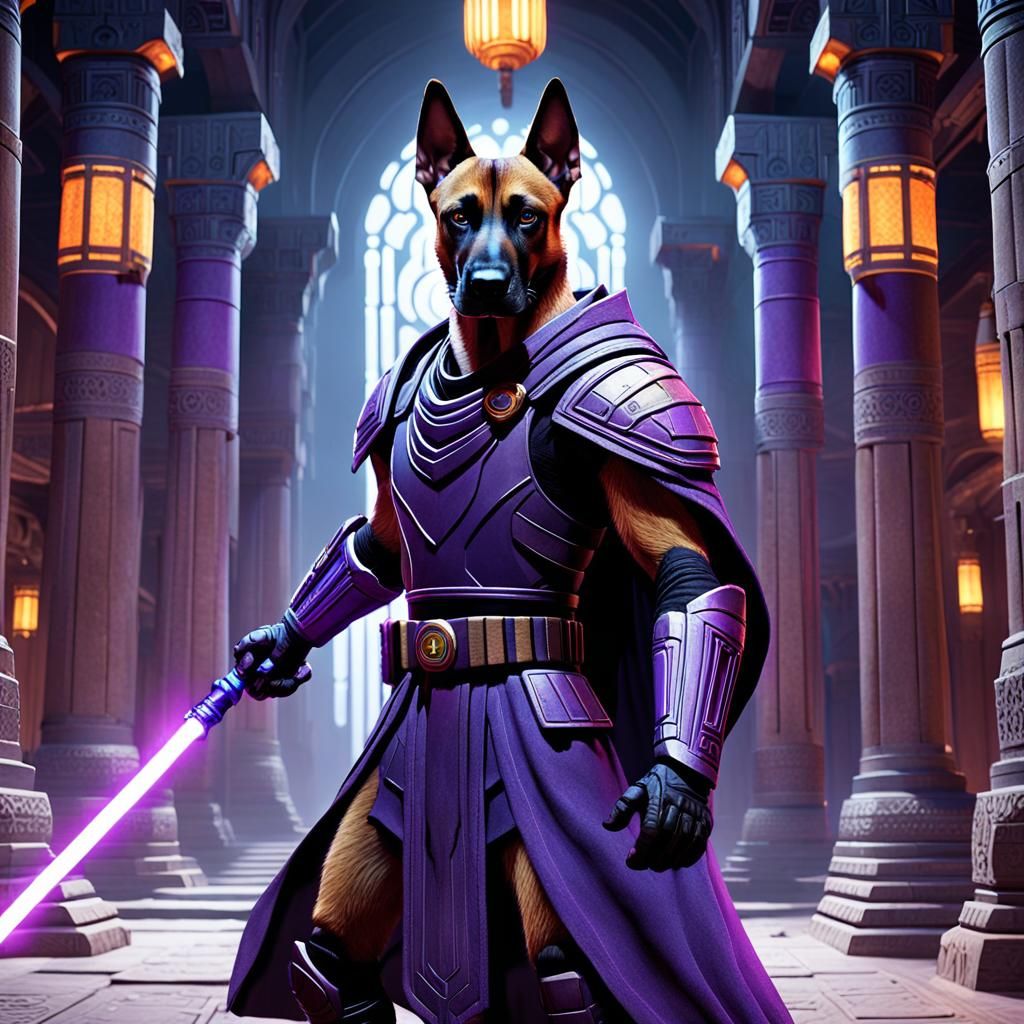 Belgian Malinois Jedi Knight in Ancient Temple