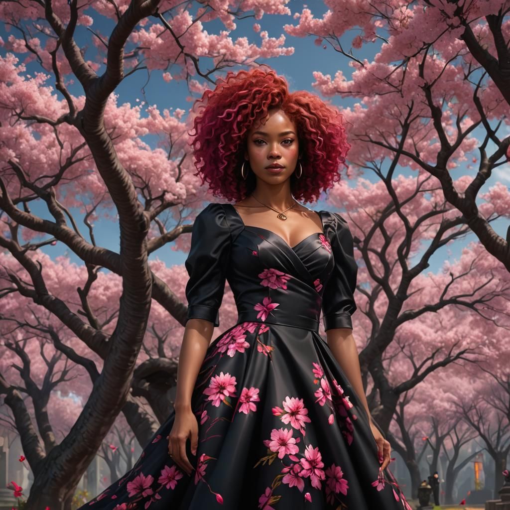 African American Woman with Cherry Blossoms