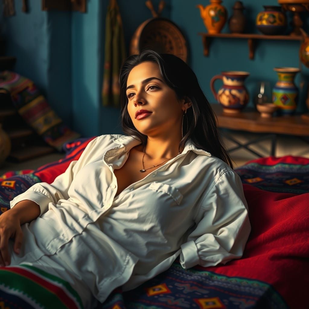 Hispanic Woman Relaxing on Mexican Serape in Hacienda
