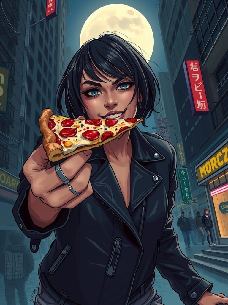 Cyberpunk Woman Offers Pizza Slice: Digital Painting