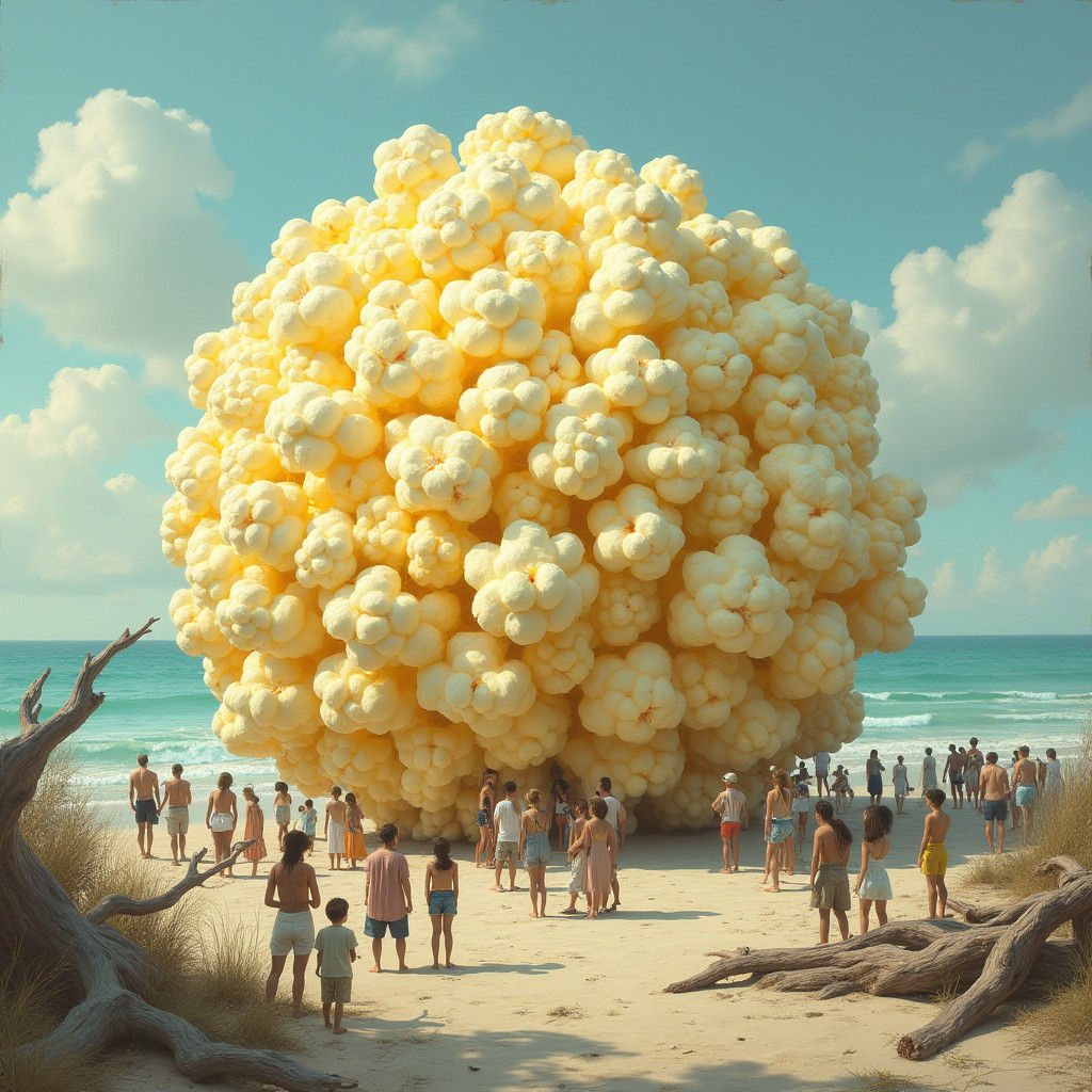 Giant Popcorn Kernel on a Surreal Beach