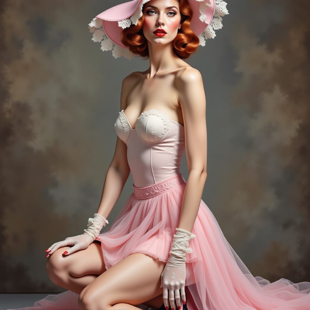 Redhead Model in Pink Lace Skirt and Hat