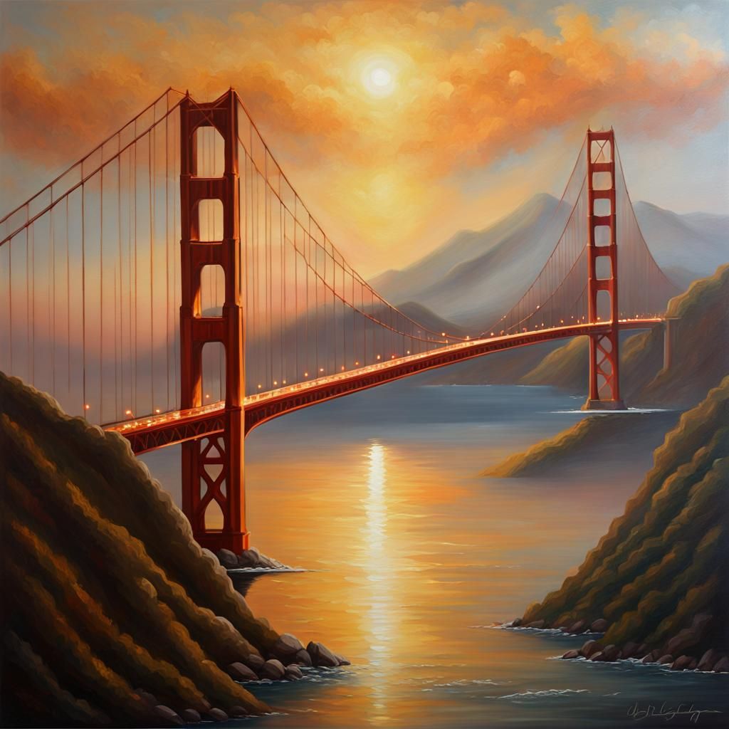 Golden Gate Bridge Sunset: Oil Painting Landscape