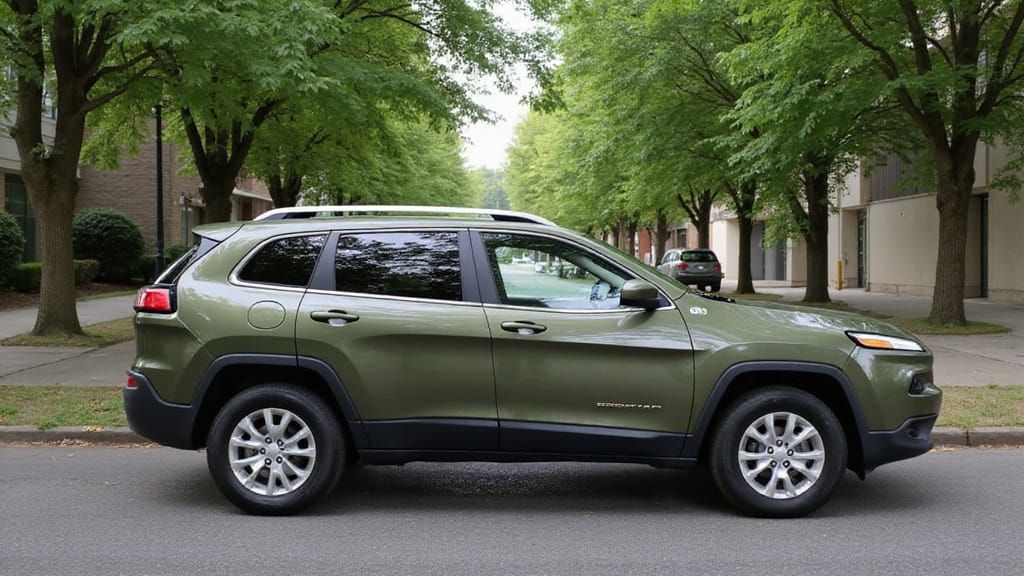 a 2014 Jeep Cherokee in hunter green with a tan interior par...