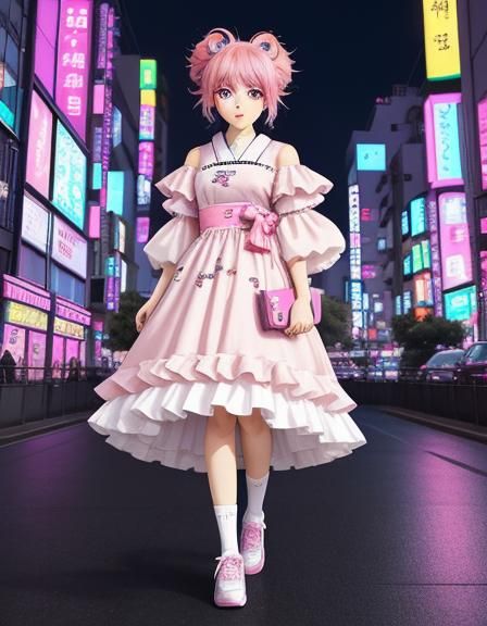 Chibi Anime Girl on Rooftop with City Lights